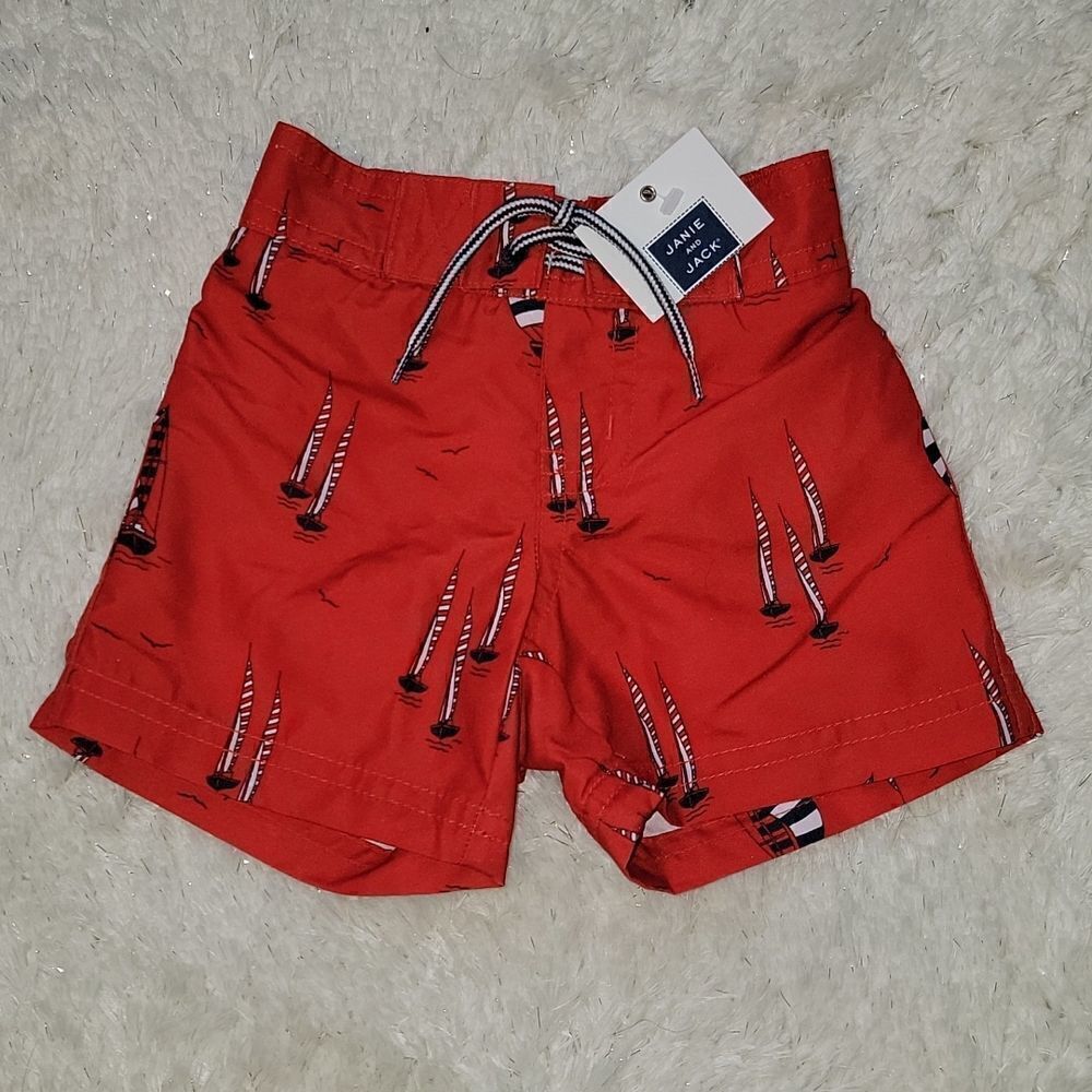 JANIE AND JACK RED SAILBOAT SWIM TRUNKS, SIZE 0-3 MONTHS - NEW!